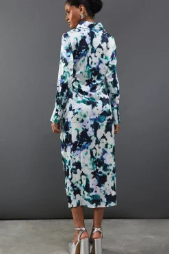Floral Satin Ruched Front Midi Shirt Dress