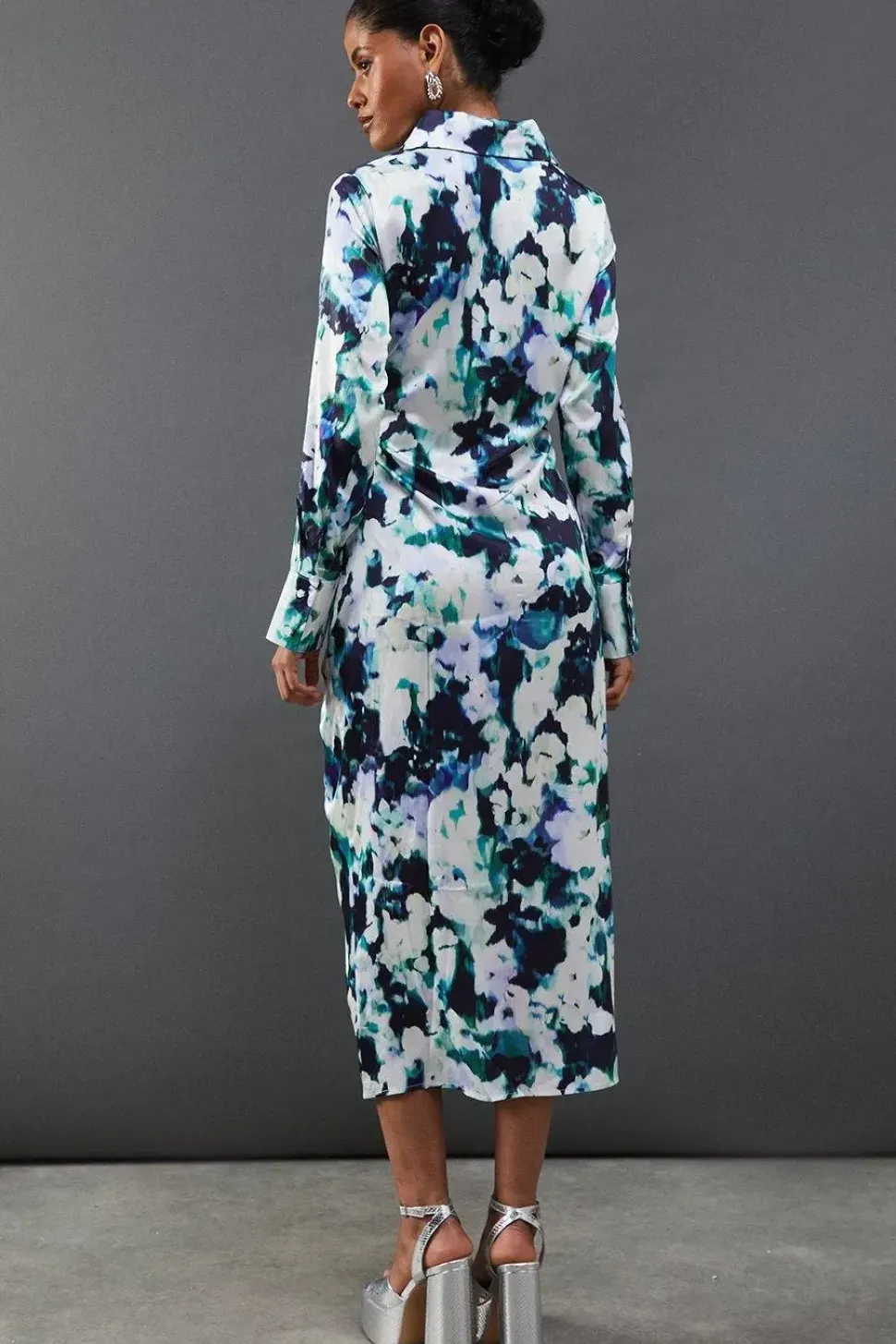 Floral Satin Ruched Front Midi Shirt Dress
