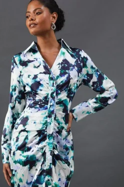 Floral Satin Ruched Front Midi Shirt Dress