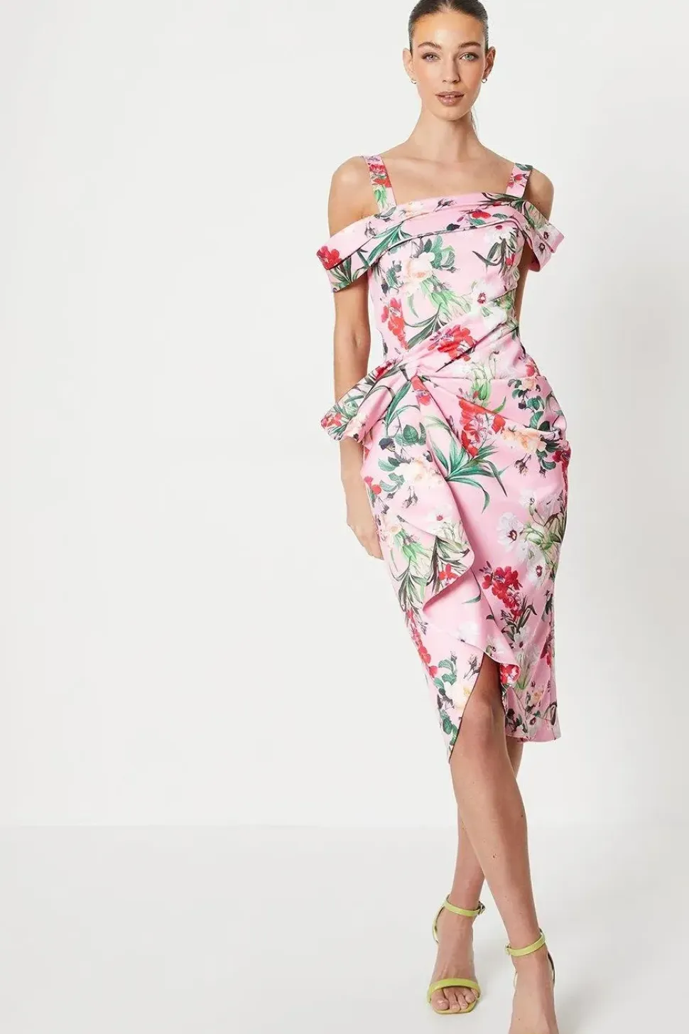 Floral Satin Ruched Pencil Dress