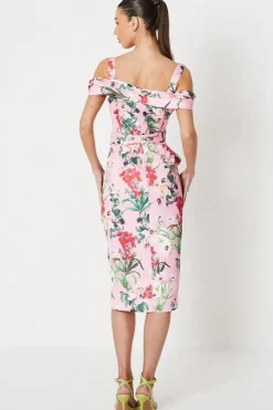 Floral Satin Ruched Pencil Dress