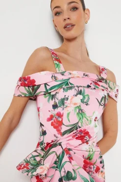 Floral Satin Ruched Pencil Dress