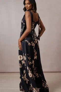 Floral Satin Tie Shoulder Maxi Dress