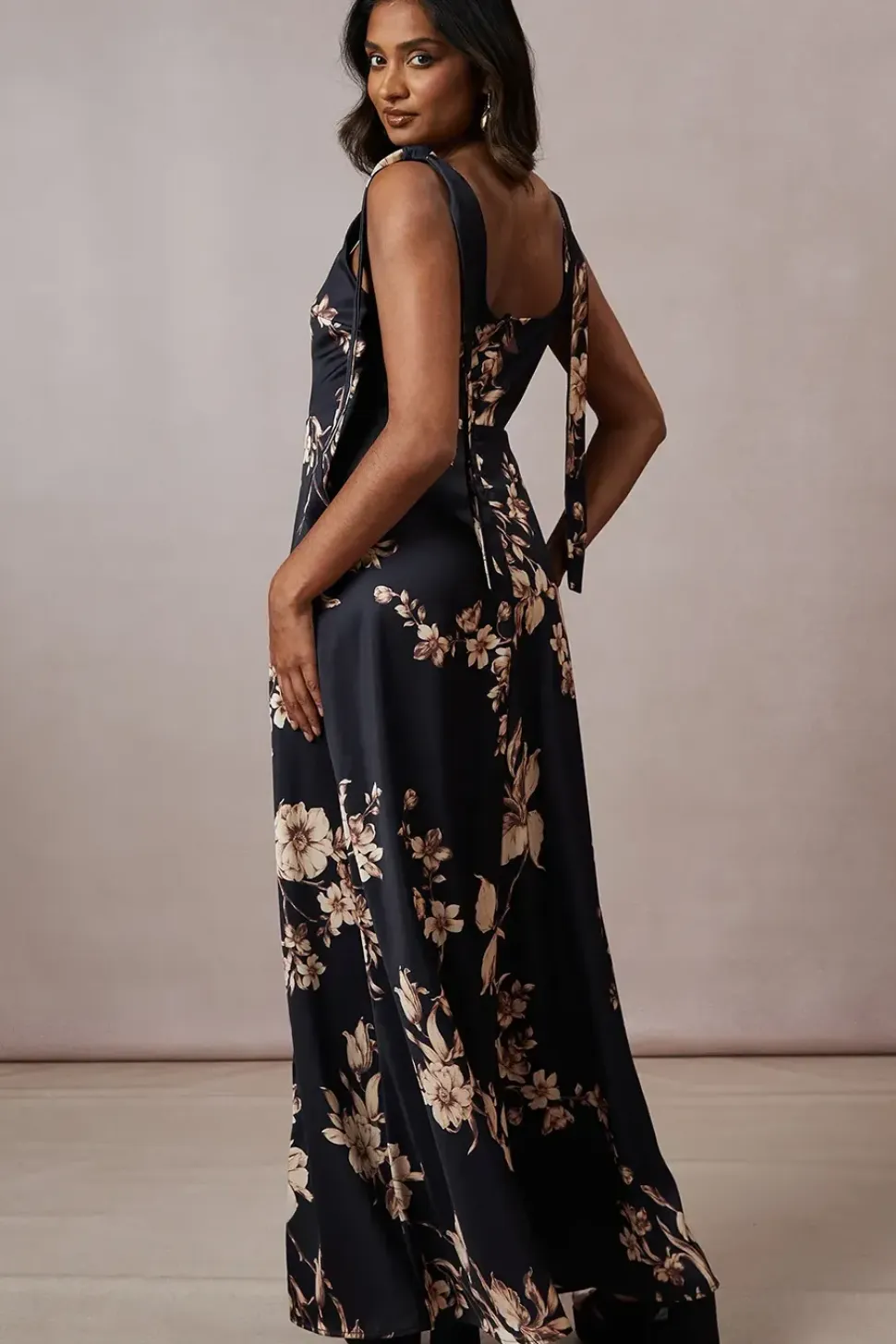 Floral Satin Tie Shoulder Maxi Dress