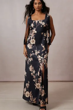 Floral Satin Tie Shoulder Maxi Dress