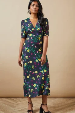 Floral Satin Tie Velvet Tie Shoulder Midaxi Dress