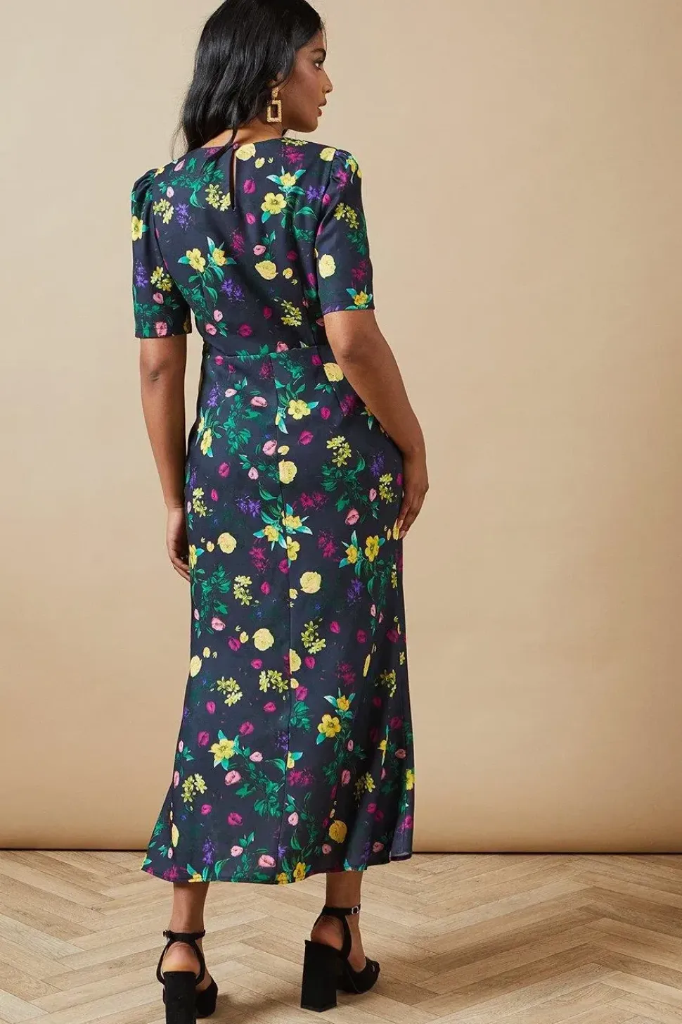 Floral Satin Tie Velvet Tie Shoulder Midaxi Dress