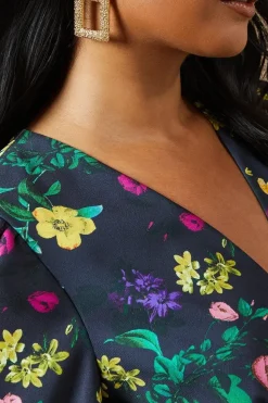 Floral Satin Tie Velvet Tie Shoulder Midaxi Dress