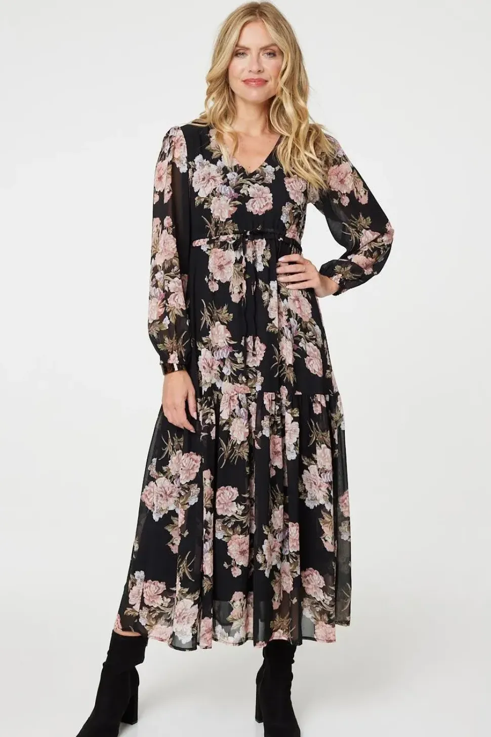 Floral Semi Sheer Empire Waist Midi Dress