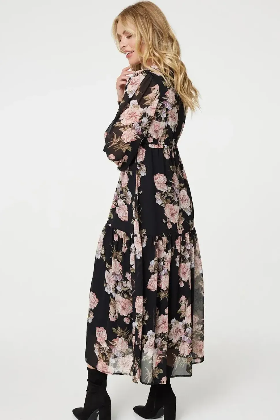 Floral Semi Sheer Empire Waist Midi Dress