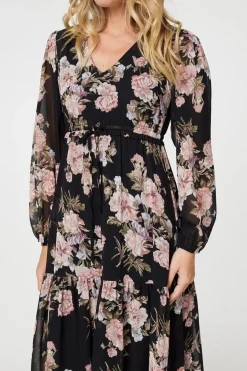 Floral Semi Sheer Empire Waist Midi Dress