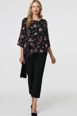 Floral Semi Sheer Hanky Hem Blouse