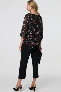Floral Semi Sheer Hanky Hem Blouse