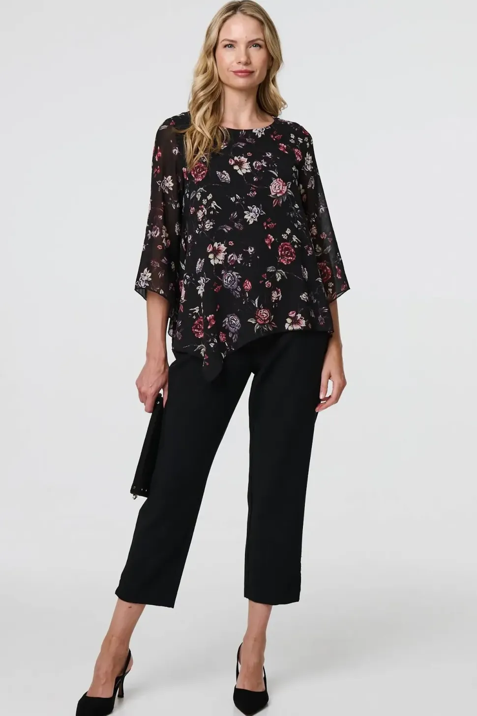 Floral Semi Sheer Hanky Hem Blouse