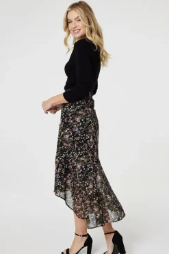Floral Semi Sheer High Low Skirt