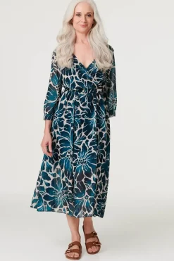 Floral Semi Sheer V-Neck Midi Dress