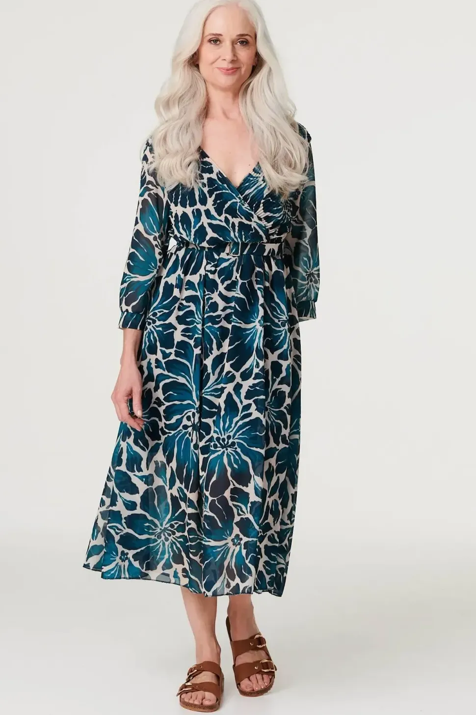 Floral Semi Sheer V-Neck Midi Dress