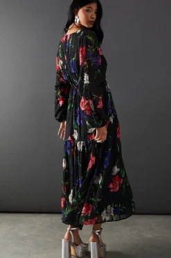 Floral Shadow Stripe Chiffon Plunge Neck Tier Midi Dress