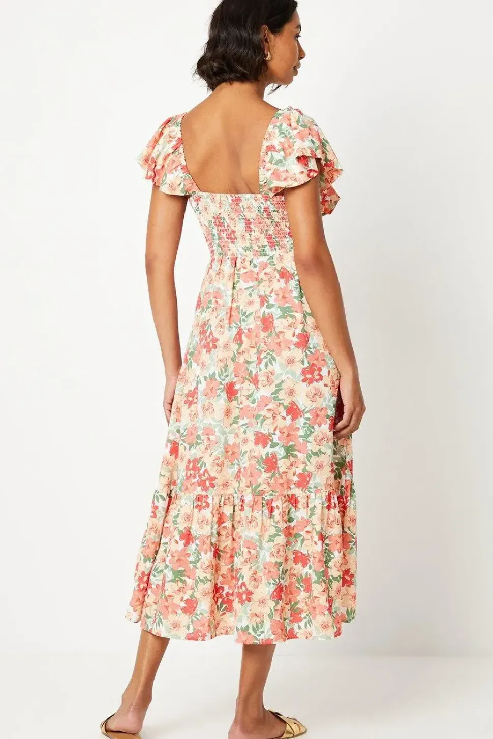 Floral Shirred Bodice Ruffle Sleeve Midi Dress