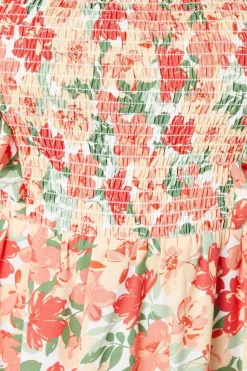 Floral Shirred Bodice Ruffle Sleeve Midi Dress