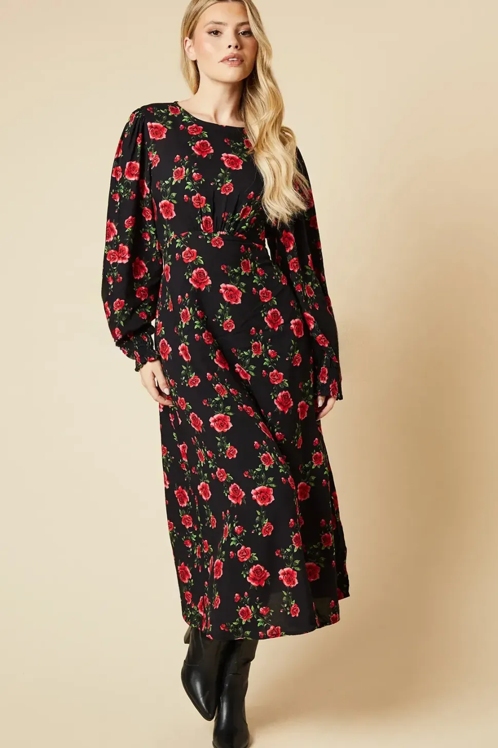 Floral Shirred Cuff Midi Dress