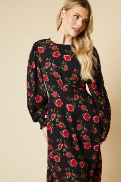 Floral Shirred Cuff Midi Dress