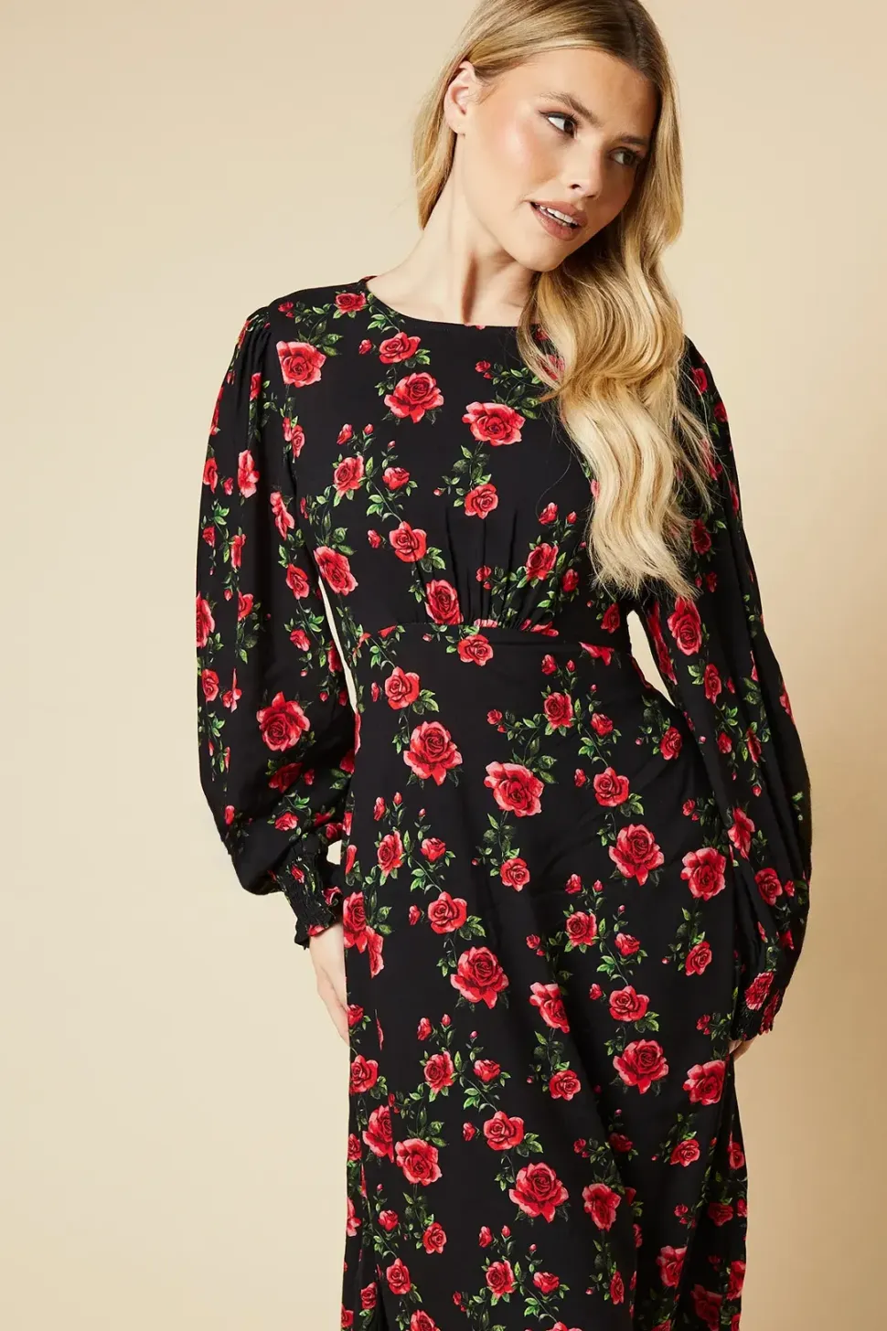 Floral Shirred Cuff Midi Dress
