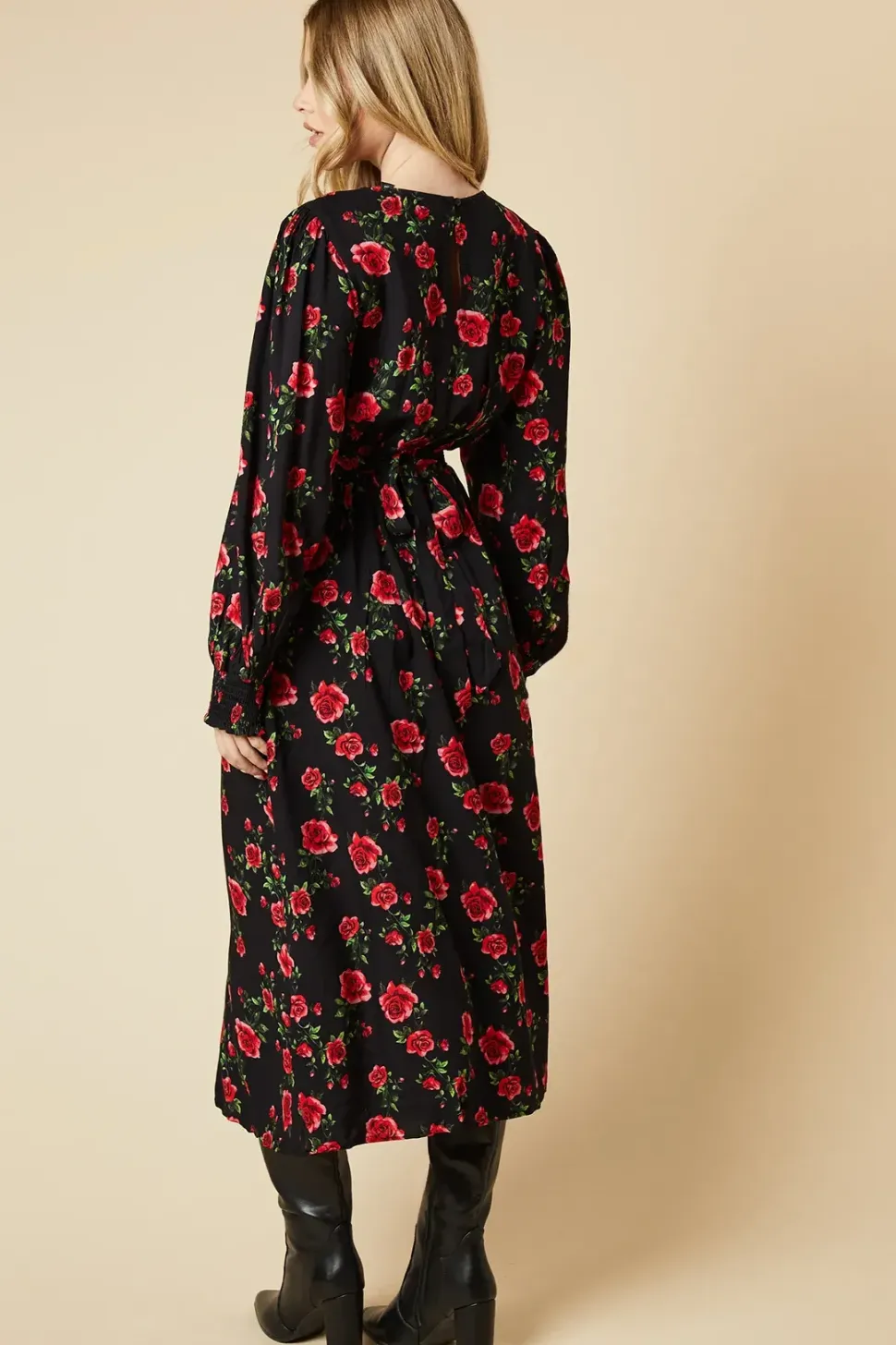 Floral Shirred Cuff Midi Dress