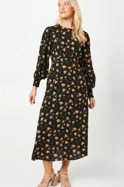 Floral Shirred Cuff Midi Dress