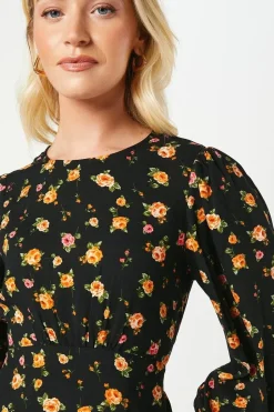 Floral Shirred Cuff Midi Dress