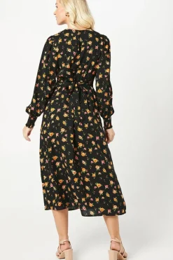 Floral Shirred Cuff Midi Dress