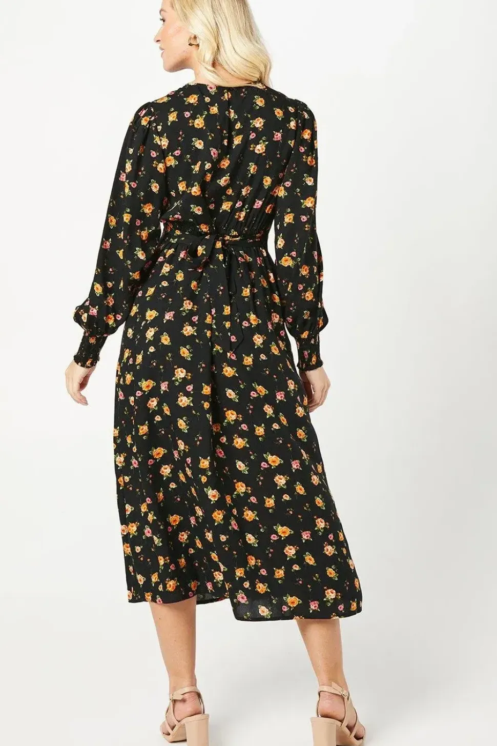 Floral Shirred Cuff Midi Dress