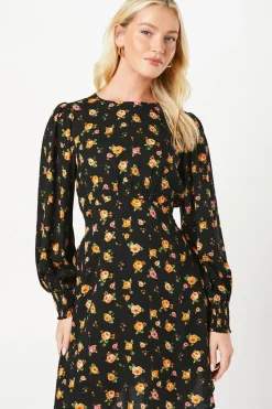 Floral Shirred Cuff Mini Dress