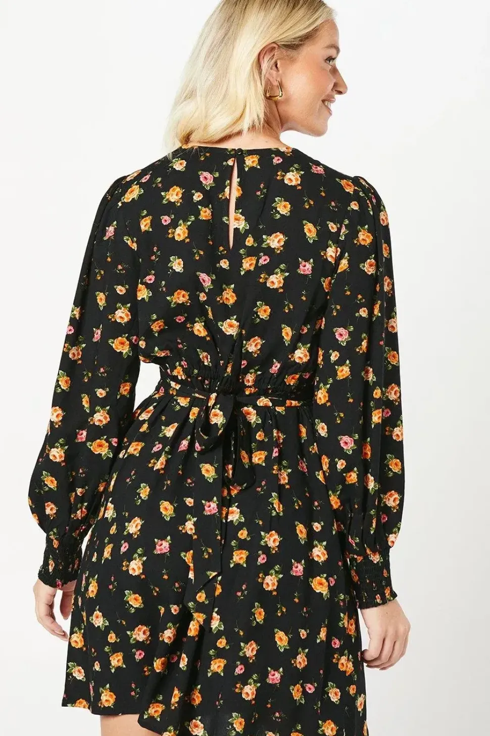 Floral Shirred Cuff Mini Dress