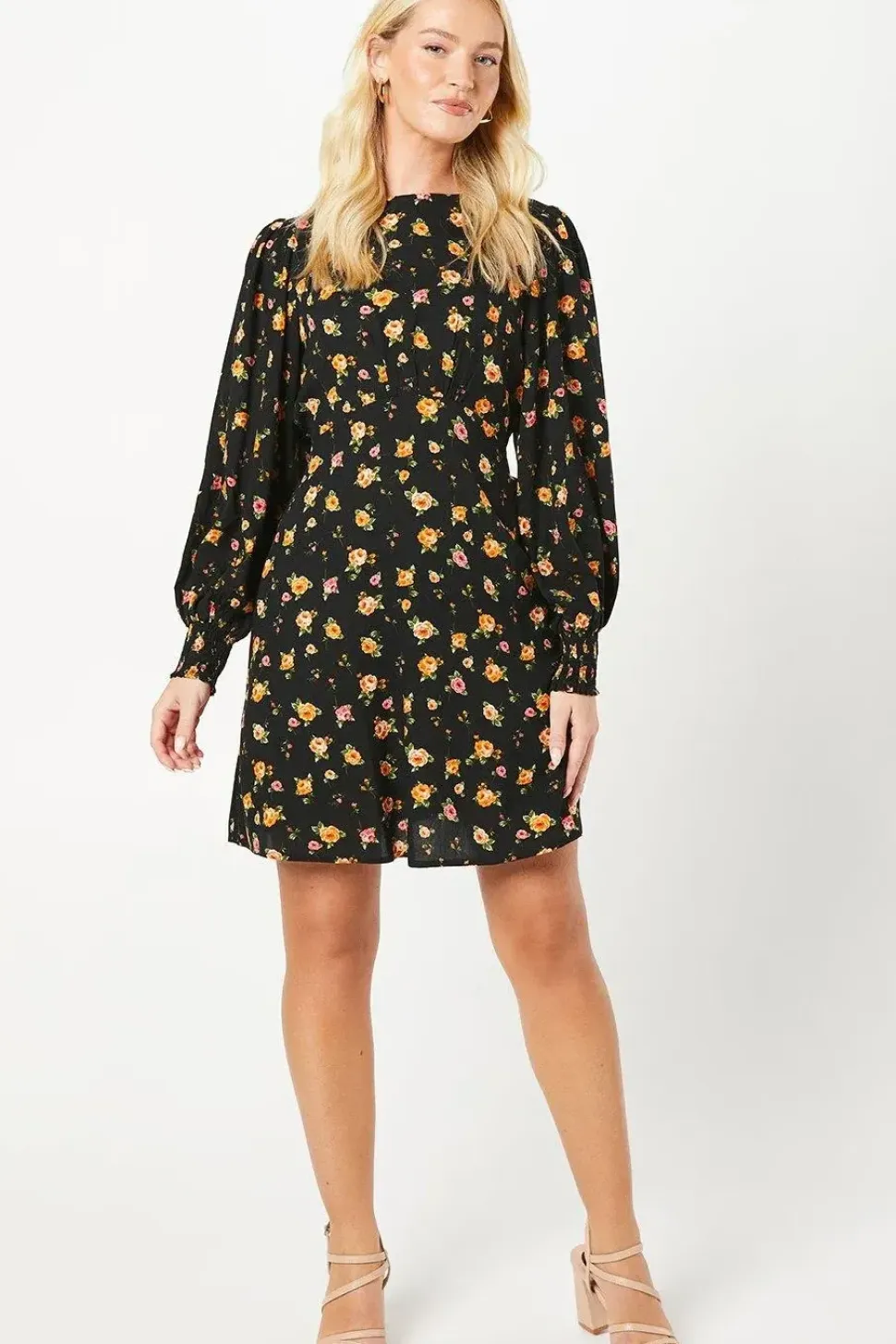 Floral Shirred Cuff Mini Dress