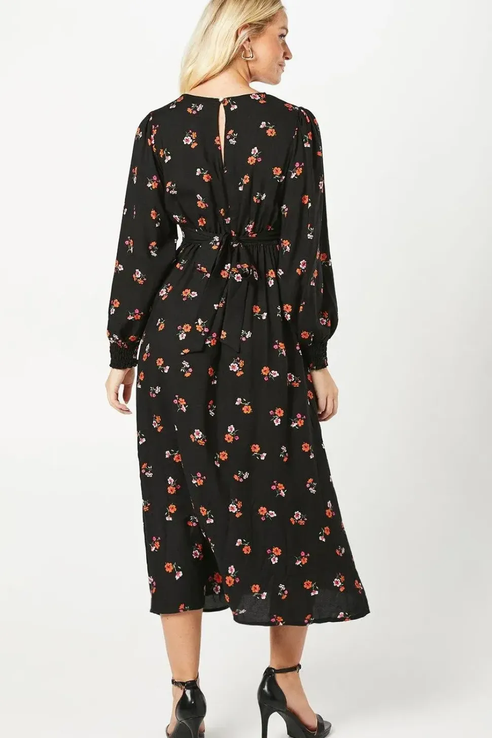 Floral Shirred Cuff ¾ Sleeve Midi Dress