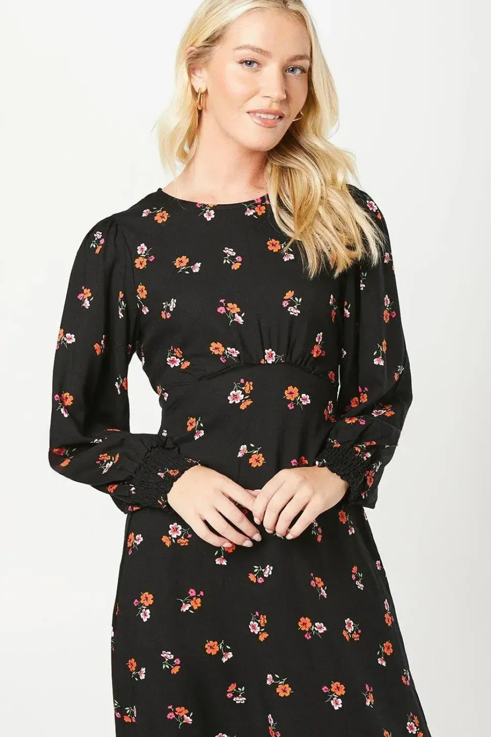 Floral Shirred Cuff ¾ Sleeve Midi Dress