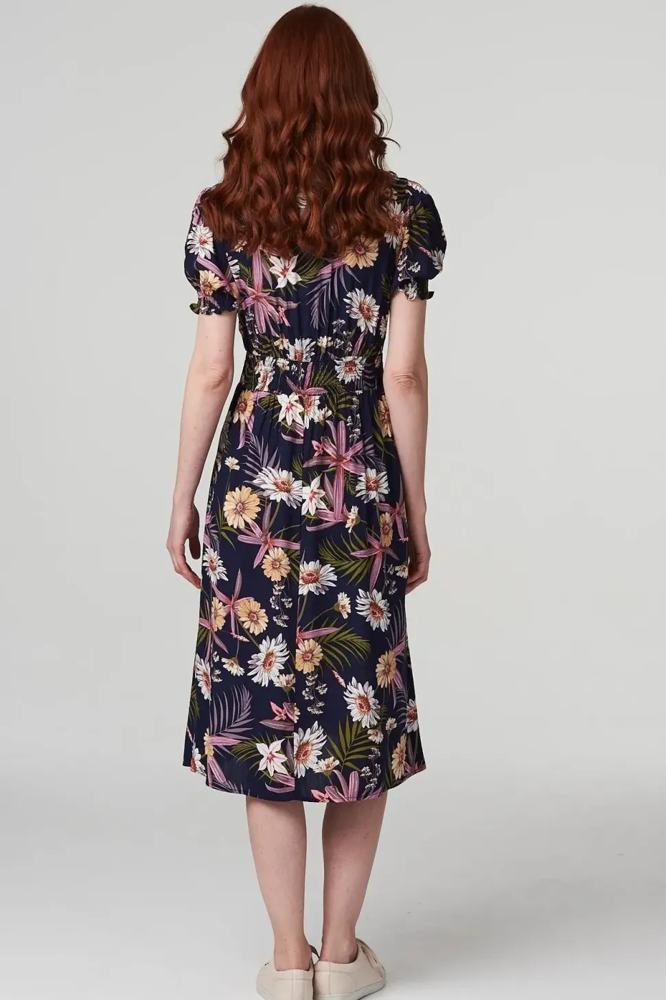 Floral Shirred Detail Midi Dress