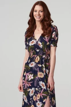Floral Shirred Detail Midi Dress