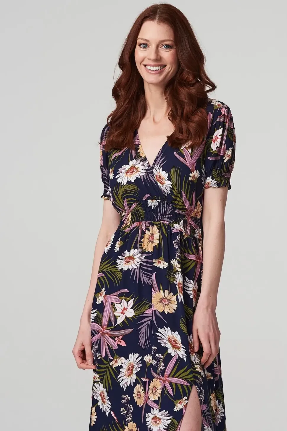 Floral Shirred Detail Midi Dress