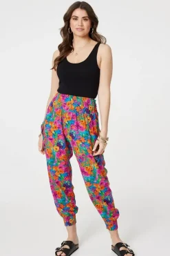 Floral Shirred High Waist Harem Pants