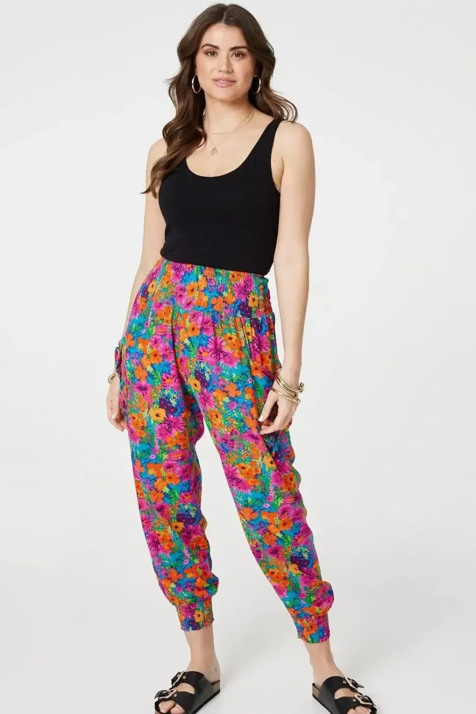 Floral Shirred High Waist Harem Pants