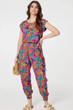 Floral Shirred High Waist Harem Pants