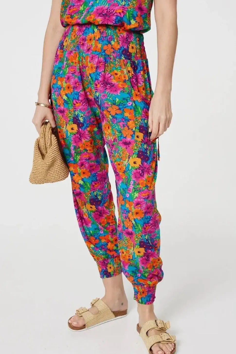 Floral Shirred High Waist Harem Pants
