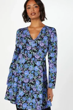 Floral Shirred Shoulder Empire Long Sleeve Mini Dress