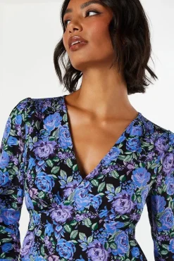Floral Shirred Shoulder Empire Long Sleeve Mini Dress