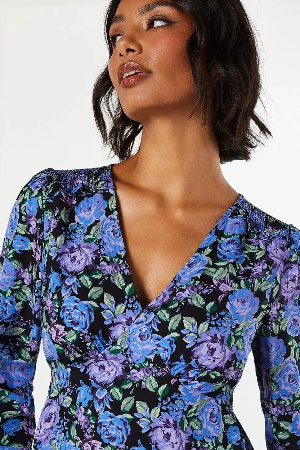 Floral Shirred Shoulder Empire Long Sleeve Mini Dress