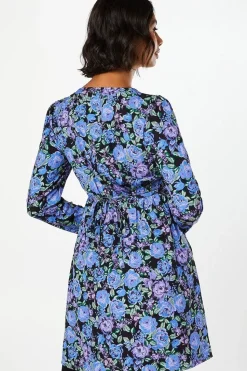 Floral Shirred Shoulder Empire Long Sleeve Mini Dress