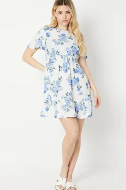 Floral Shirred Waist Angel Sleeve Mini Dress