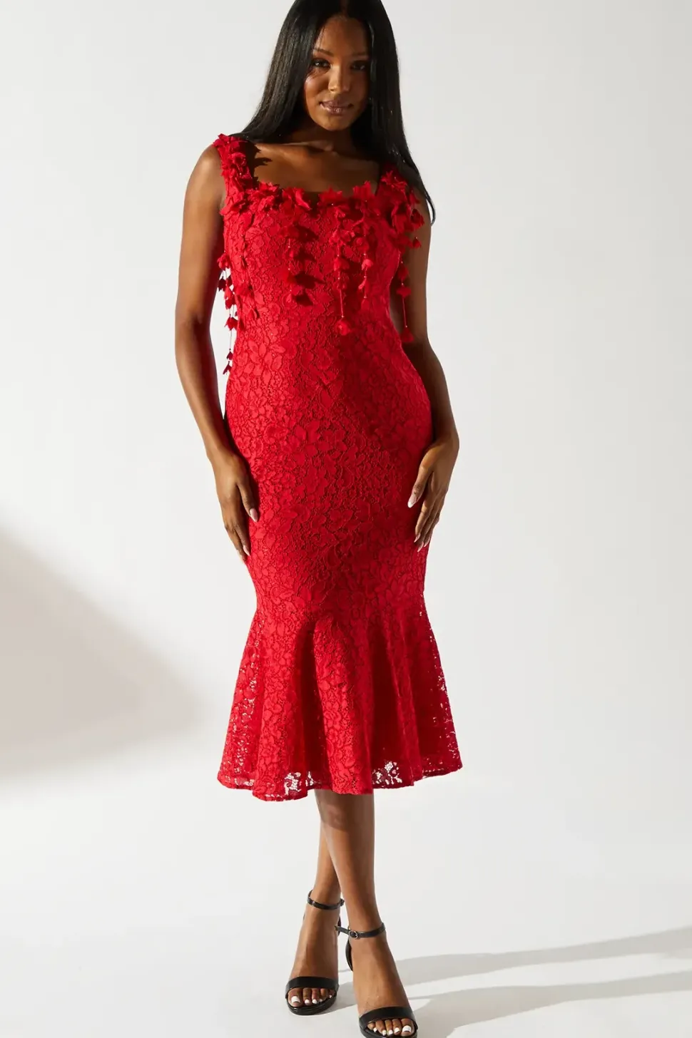 Floral Shoulder Detail Lace Midi Dress